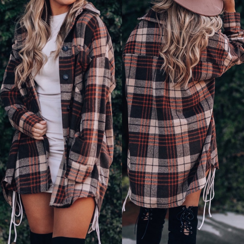 . One Latte Please Brown Oversized Plaid Fall Button Up Long Sleeve Shirt Jacket